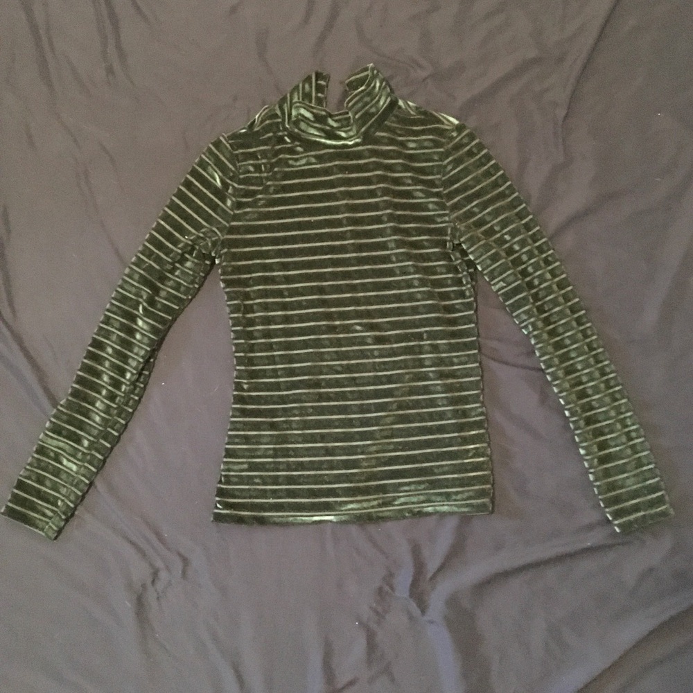 Topshop green velvet and mesh striped long sleeve top. US 4.